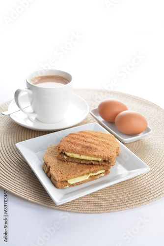 square butter kaya jam toast bread set with half boiled soft chicken egg and hot coffee or tea breakfast on white background asian chef appetiser halal bakery food restaurant pastry menu for cafe