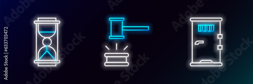 Set line Prison cell door, Old hourglass with sand and Judge gavel icon. Glowing neon. Vector
