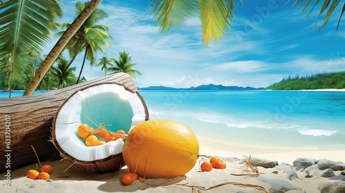  a painting of coconuts and oranges on a beach. generative ai