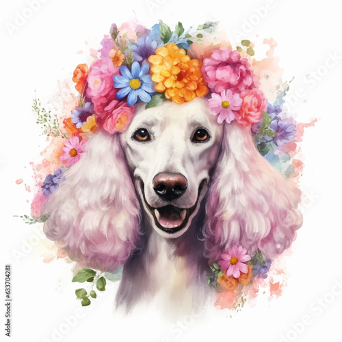 Watercolor illustration white standard poodle decorated with flowers by hand draw isolated on white background.