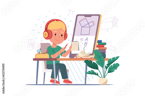 Homework school concept with people scene in the flat cartoon style. A guy does geometry homework and listens to music in headphones. Vector illustration.