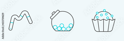 Set line Cupcake, Jelly worms candy and Glass jar with candies inside icon. Vector