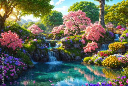 Paradise landscape with beautiful  gardens, waterfalls and flowers, magical idyllic background with many flowers in eden. © Cobalt