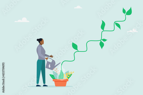 Businesswoman watering seedling plant growing up as stair to climb to reach success. Growth step or career path. Modern flat vector illustration.
