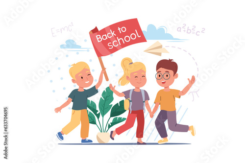 Happy children concept with people scene in the flat cartoon design. Friends are happy to return to classes after the holidays. Vector illustration.