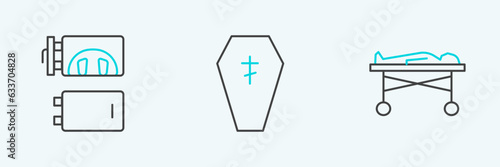 Set line Dead body in the morgue, Crematorium and Coffin with cross icon. Vector