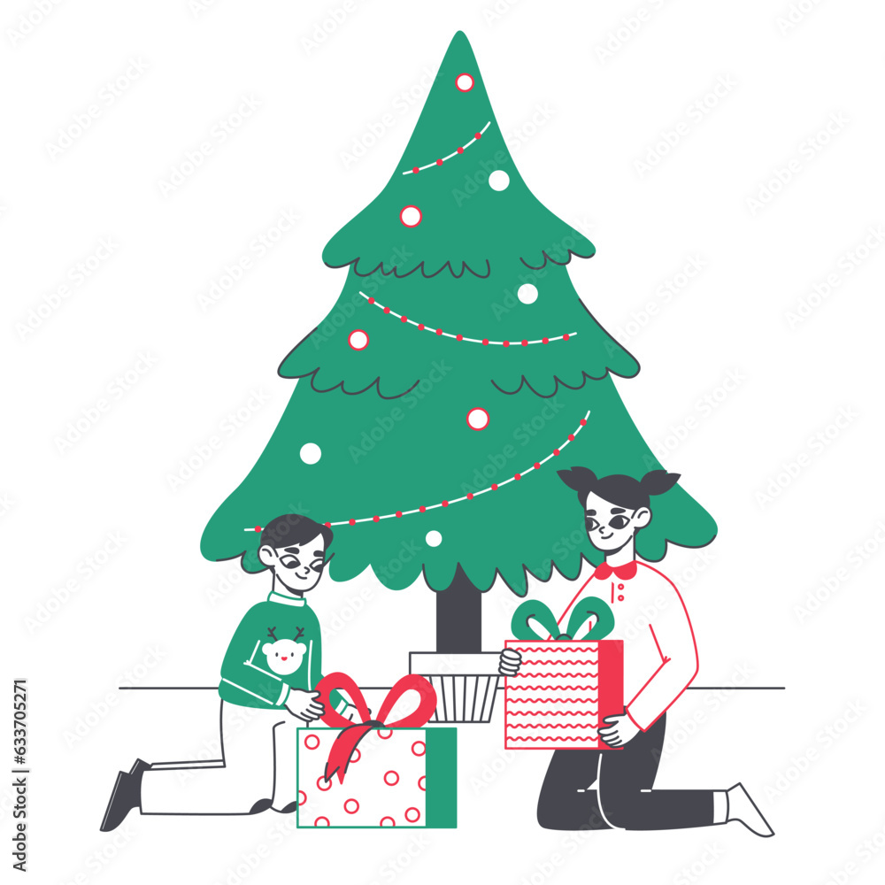 Kids with Christmas gifts. Children under xmas tree unpacking Christmas presents, winter holidays gifts flat vector illustration. Happy kids with presents Kids with Christmas gifts. Children under xmas tree unpacking Christmas presents, winter holidays gifts flat vector illustration. Happy kids with presents