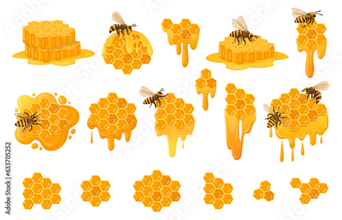 Cartoon honeycomb set. Sweet honey honey drops with honey bees, beekeeping, honeycraft and apiary flat vector symbols collection. Honeycomb with melting honey