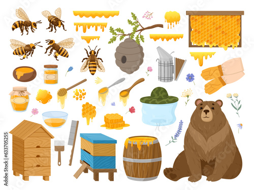 Cartoon beekeeping. Honeycraft, apiary, apiculture, bees, beeswax, honeycomb, beehive and sweet honey jar, natural, healthy products flat vector illustration set. Apiculture collection
