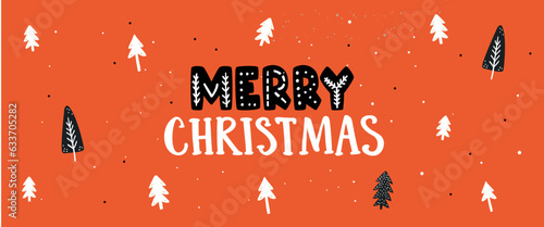 Red Christmas banner, hand lettering and small christmas trees on red background. Simple and handicraft holidays greetings