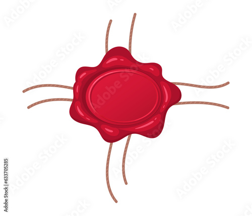 Red wax seal. Cartoon retro postal wax stamp with jute cord. Vintage paraffin seal flat vector illustration on white background