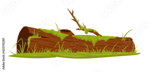 Moss growing on wood trunk. Cartoon swamp moss, rainy forest lichen plants grows on wooden log flat vector illustration
