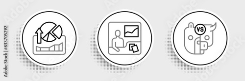 Set line Bull and bear of stock market, Stocks growth graphs and Trading courses icon. Vector