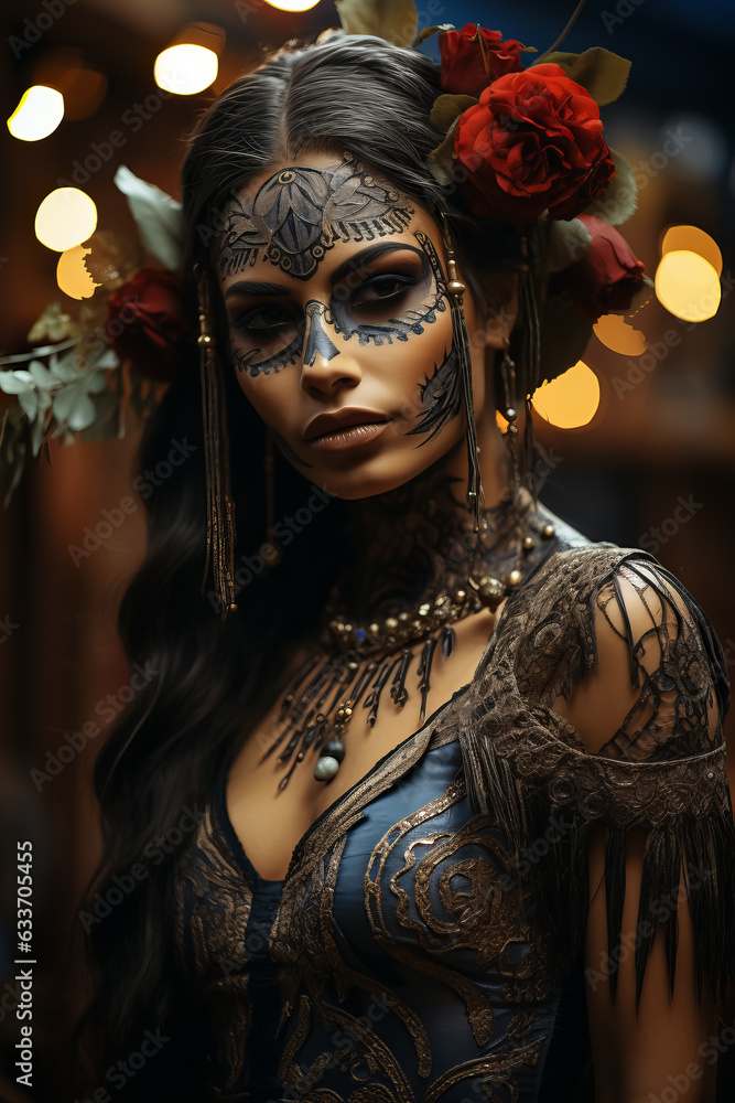 Portrait of woman with traditional la muerte makeup . Mexican festival Dia de los Muertos. Halloween Portrait of woman with traditional la muerte makeup . Mexican festival Dia de los Muertos. Halloween