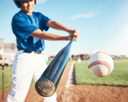Bilde på lerret Baseball, hit and person on field for training, sports or fitness competition outdoor