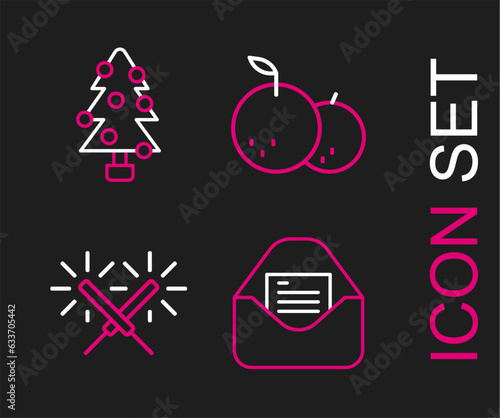 Set line Christmas party invitation card, Sparkler firework, Tangerine and tree icon. Vector