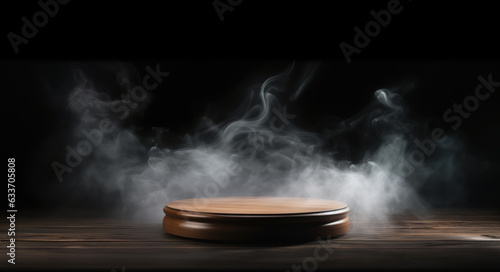 Podium wooden with smoke in the dark background, Black textured wood platform, light, fog, copy space, generative ai