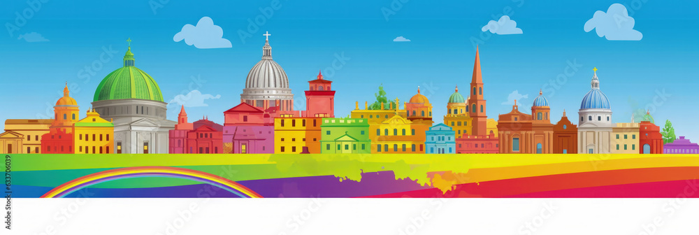Rome city panorama, urban landscape with modern buildings. Business travel and travelling of landmarks. Illustration, web background. Skyscraper silhouette. Italy - Generative AI