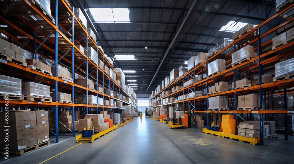 Huge Distribution Warehouse with high shelves. Logistics Depot. Ai generative.