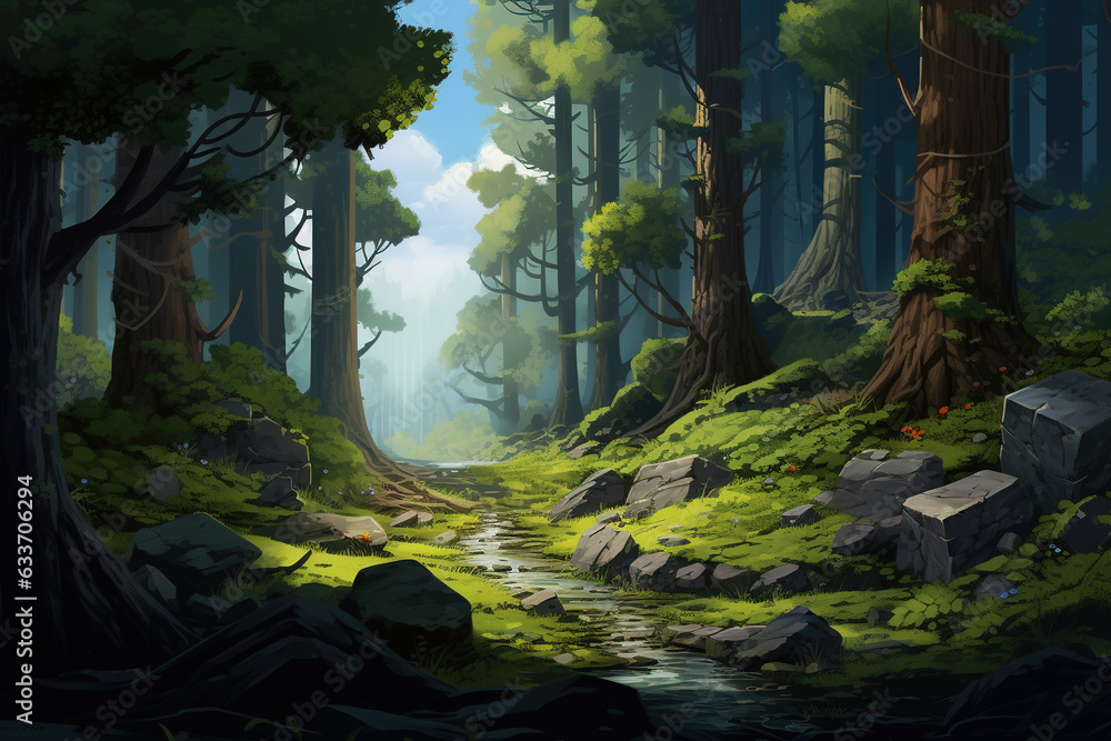 Stream in a summer woods, beautiful cartoon illustration