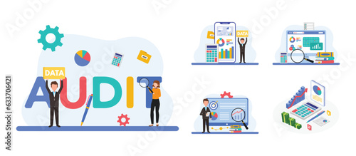 Auditing concepts. Auditor at table during examination of financial report. Tax process. Research, project management, planning, accounting, analysis, data. Vector illustration flat design.