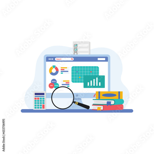Auditing concepts. Auditor at table during examination of financial report. Tax process. Research, project management, planning, accounting, analysis, data. Vector illustration flat design.
