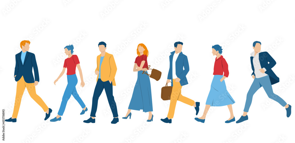  Set of young men and women, different colors, cartoon character, group of silhouettes of walking business people, students, the design concept of flat icon, isolated on white background