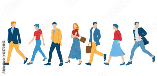  Set of young men and women, different colors, cartoon character, group of silhouettes of walking business people, students, the design concept of flat icon, isolated on white background