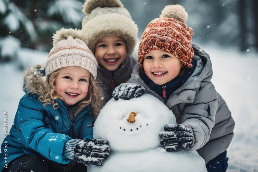 Happy Children Building a Snowman