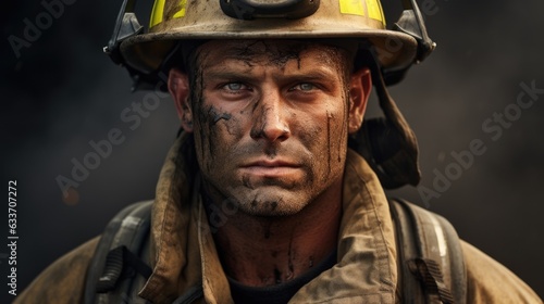 Closeup of a Determined Firefighter with Soot Marks