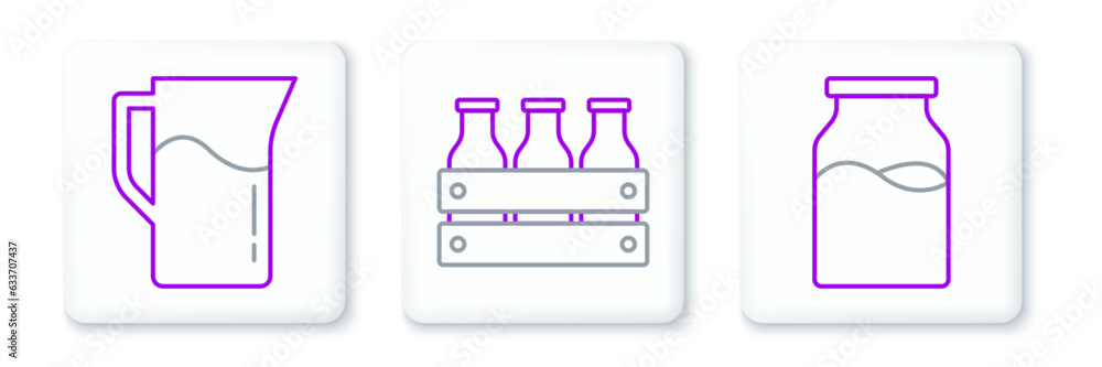 Set line Bottle with milk, Milk jug or pitcher and Bottled in wooden box icon. Vector Set line Bottle with milk, Milk jug or pitcher and Bottled in wooden box icon. Vector