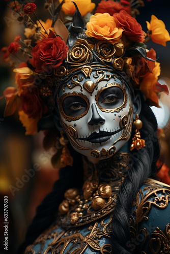 Portrait of woman with traditional la muerte makeup . Mexican festival Dia de los Muertos. Halloween