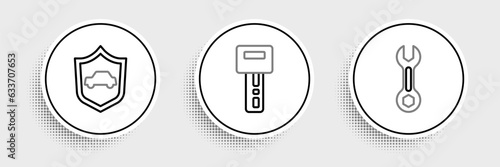 Set line Wrench spanner, Car with shield and key remote icon. Vector