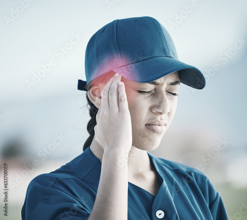 Woman, baseball and headache in stress, injury or burnout from outdoor sports accident. Frustrated female person, player or athlete with migraine, tension or strain and inflammation on pitch or field © Mumtaaz Dharsey/peopleimages.com