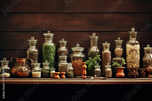 Herbal apothecary aesthetic. Jars with herbs on a wooden background. With Generative AI technology