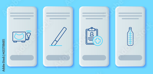 Set line Surgery scalpel, Patient record, Ultrasound and Medical thermometer icon. Vector