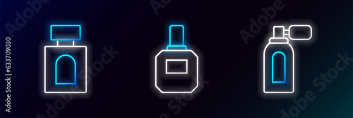 Set line Aftershave with atomizer, and icon. Glowing neon. Vector