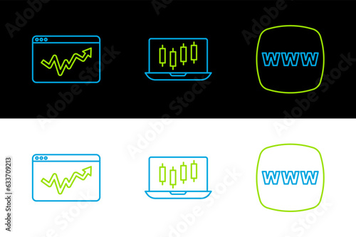 Set line Website template, Graph chart infographic and Stocks market growth graphs icon. Vector