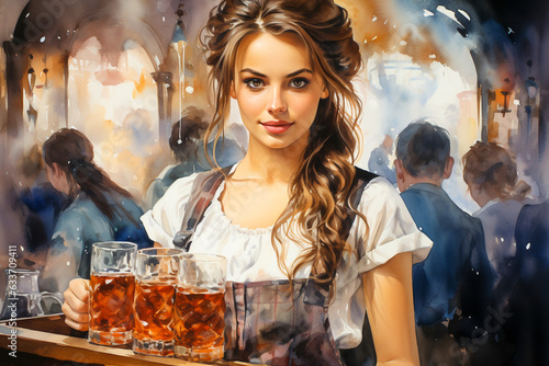 Portrait of beautiful young waitress with beer glasses in bar.