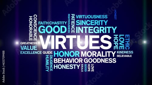 Virtues animated tag word cloud;text design animation kinetic typography seamless loop.