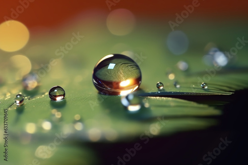 Fantastic closeup of large water drops on green leaves reflecting around on beautiful blurred nature background, environmental and energy saving concept.