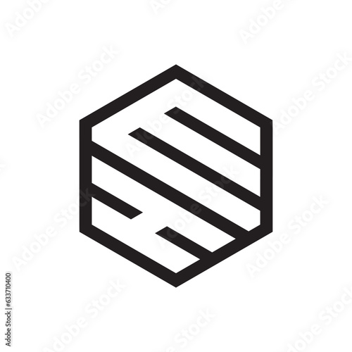 line hexagon letter HM logo isolated on white background.