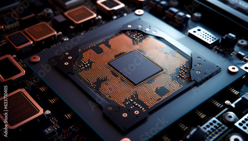 Close-up view of a modern GPU card with circuit and colorful lights and details 3D rendering. Generated with AI