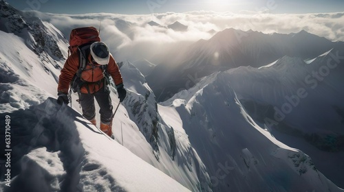 Male mountaineer climber alpinist climbing over snow. Mountaineering extreme sport mountain climbing.