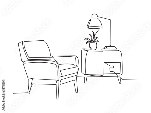 Continuous line interior with armchair, plant, lamp. Living room with modern furniture. Vector illustration