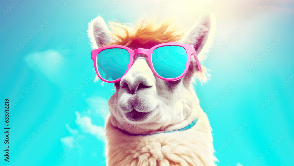 cheerfu lama in bright big sunglasses. Generated with AI