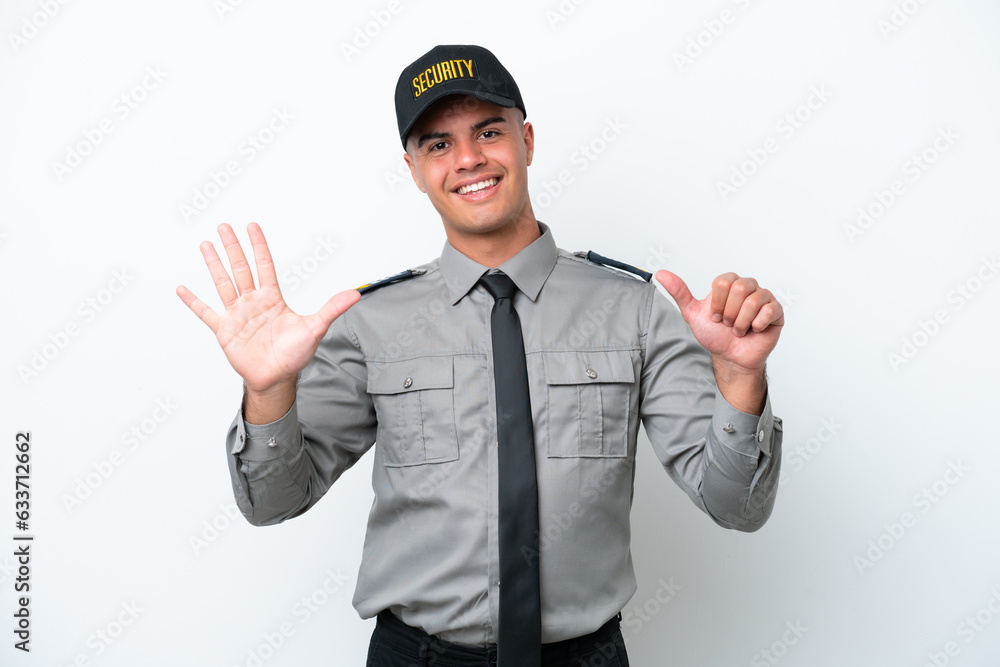 Young caucasian security man isolated on white background counting six with fingers Young caucasian security man isolated on white background counting six with fingers