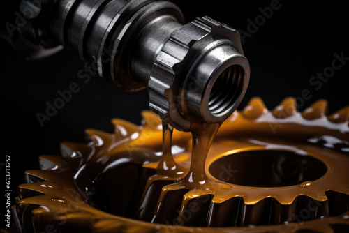 Macro shot of gear oil being poured into a metal gearbox, revealing its flowing properties and smooth texture