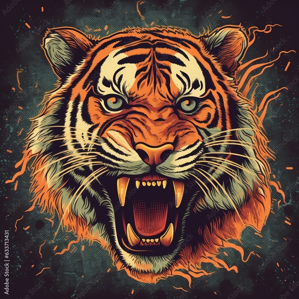 A snarling tiger with lightning bolts crackling around its body in a dynamic pop art style generative ai