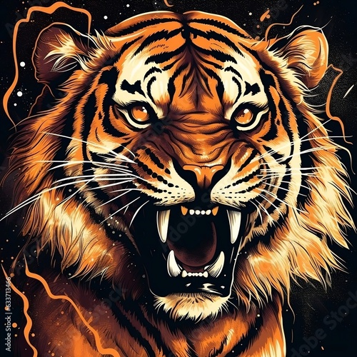A snarling tiger with lightning bolts crackling around its body in a dynamic pop art style generative ai © tanjidvect